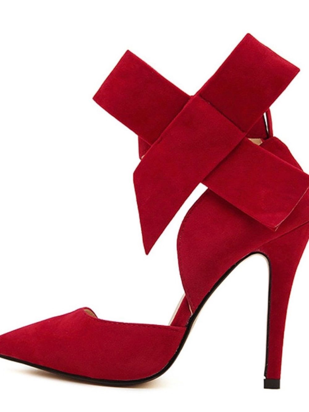 Red Suede Pointed-Toe Bow Ankle-Strap Heels
